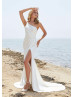 One Shoulder Ivory Pleated Satin Thigh Slit Wedding Dress